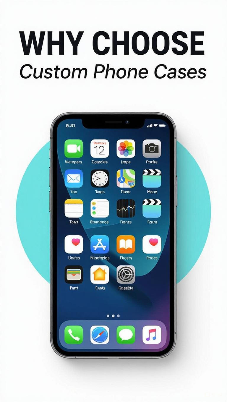 A vibrant illustration featuring a hand holding a smartphone with a colorful, custom-designed phone case. The background includes a mix of abstract shapes, planets, stars, and a green leaf, creating a cosmic and creative atmosphere. The text "Why Choose Custom Phone Cases?" is prominently displayed at the top in bold white letters against a gradient background of orange, yellow, and blue hues.