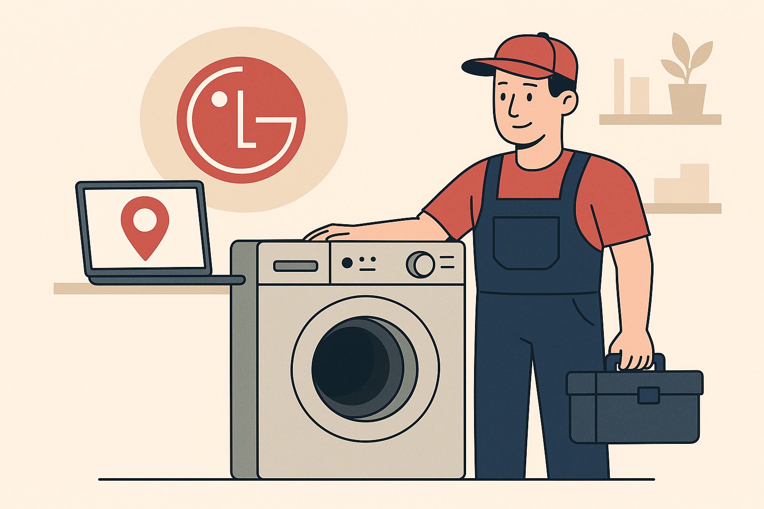 Illustration of a technician standing beside an LG washer with a toolbox, showing professional repair service in a clean home setting