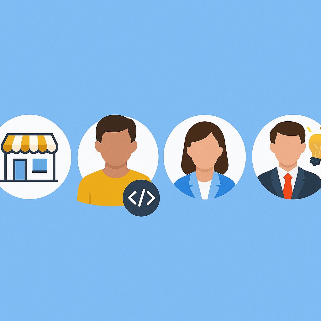 Illustration representing who Microsoft hosting is a good fit for, showing a small business storefront, a developer, a corporate professional, and a startup founder.
