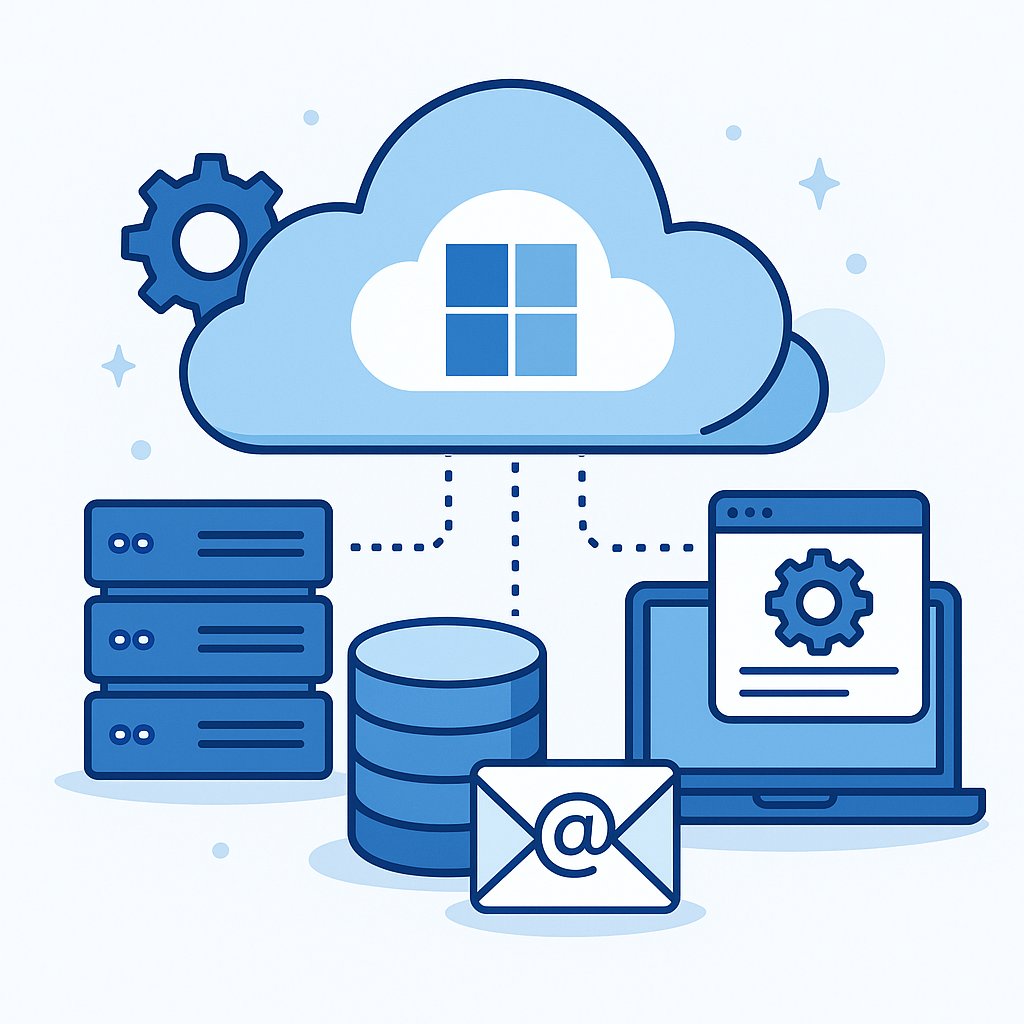Illustration of Microsoft cloud hosting showing a central cloud with servers, database, email, and laptop connected, symbolizing secure and scalable hosting solutions.