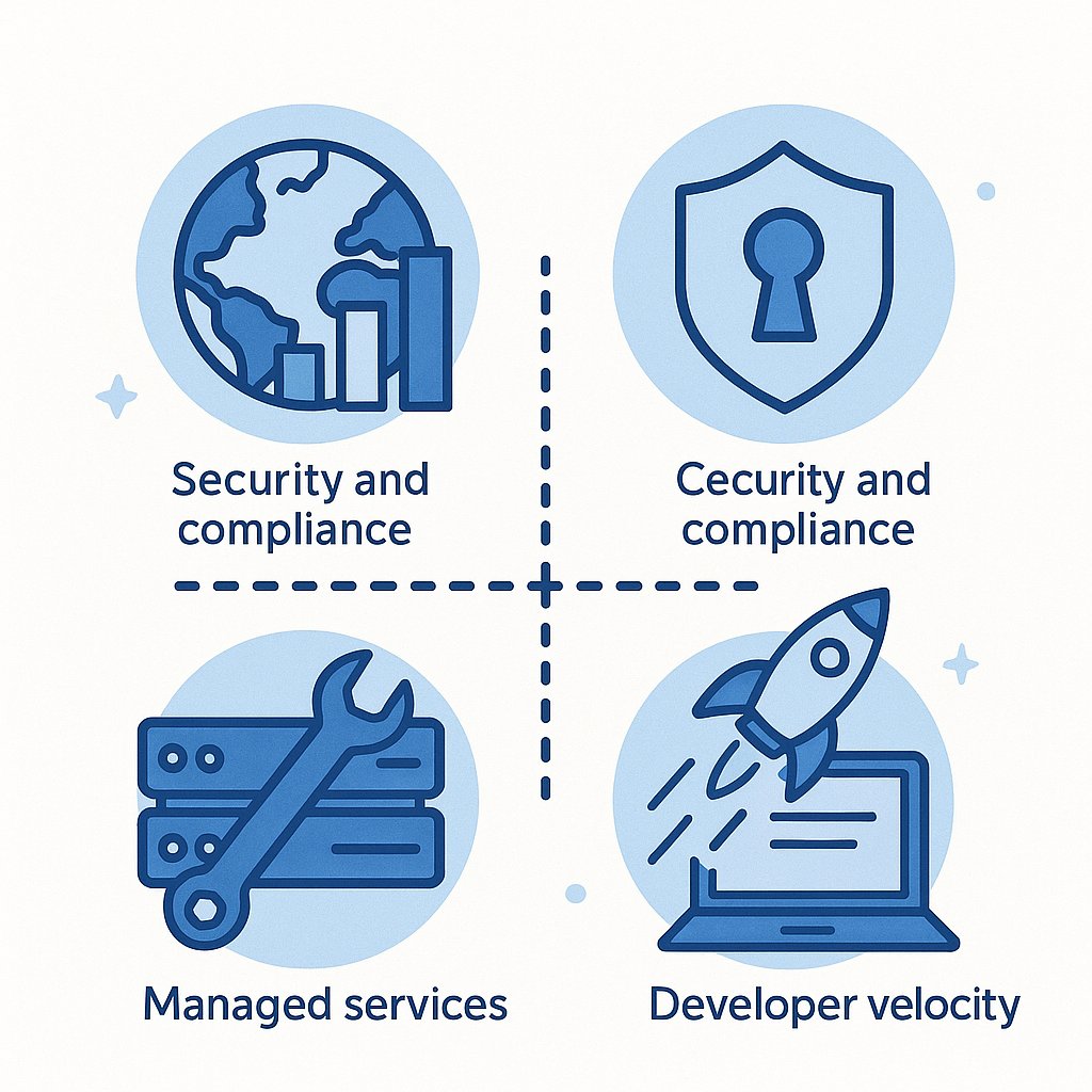 Illustration of key benefits of Microsoft hosting showing icons for global reach, security, managed services, and developer velocity in a clean flat design.