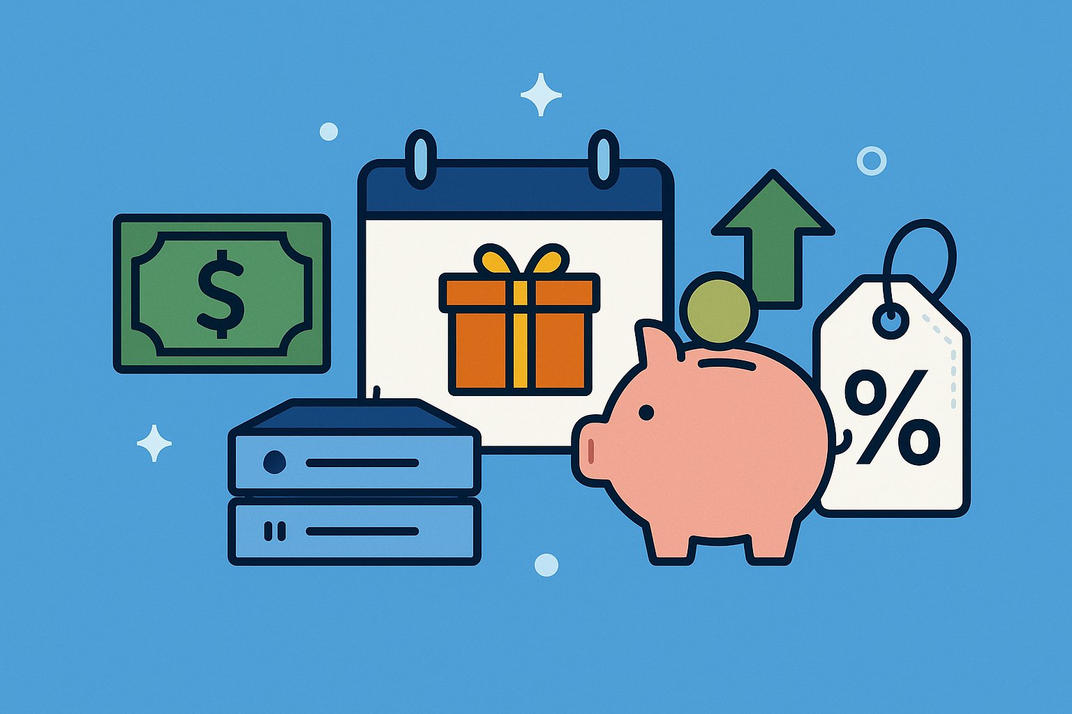 Illustration representing promotions and savings with icons of a dollar bill, calendar with gift, piggy bank, price tag with percentage, and servers on a blue background