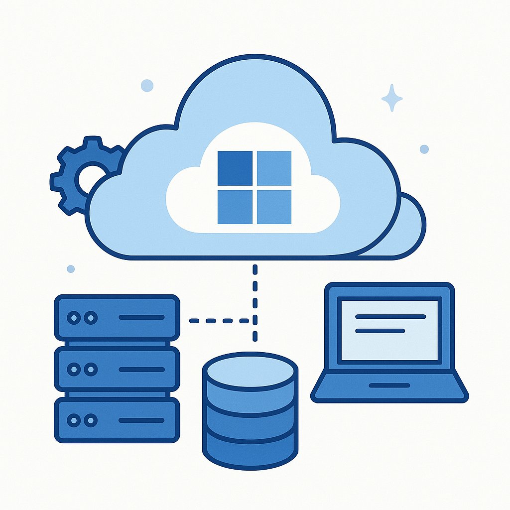 Illustration of Microsoft hosting with a central cloud containing the Microsoft logo, connected to servers, a database, and a laptop, symbolizing secure and scalable cloud hosting.
