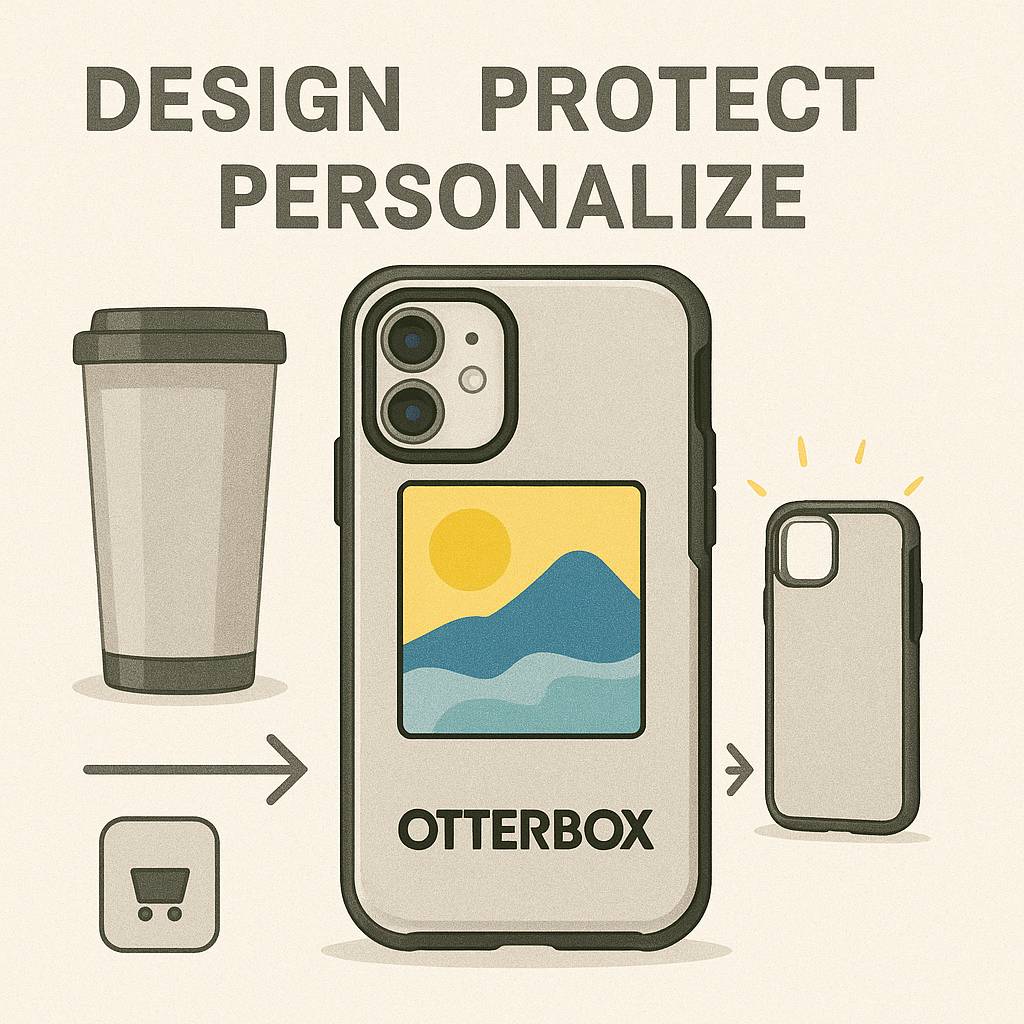Custom OtterBox phone case with a mountain and sun design, shown with a travel mug and icons representing personalization, protection, and design