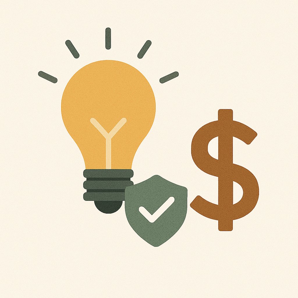 Minimalist illustration of a glowing lightbulb with a green shield checkmark and a brown dollar sign, symbolizing smart tips to save time and money