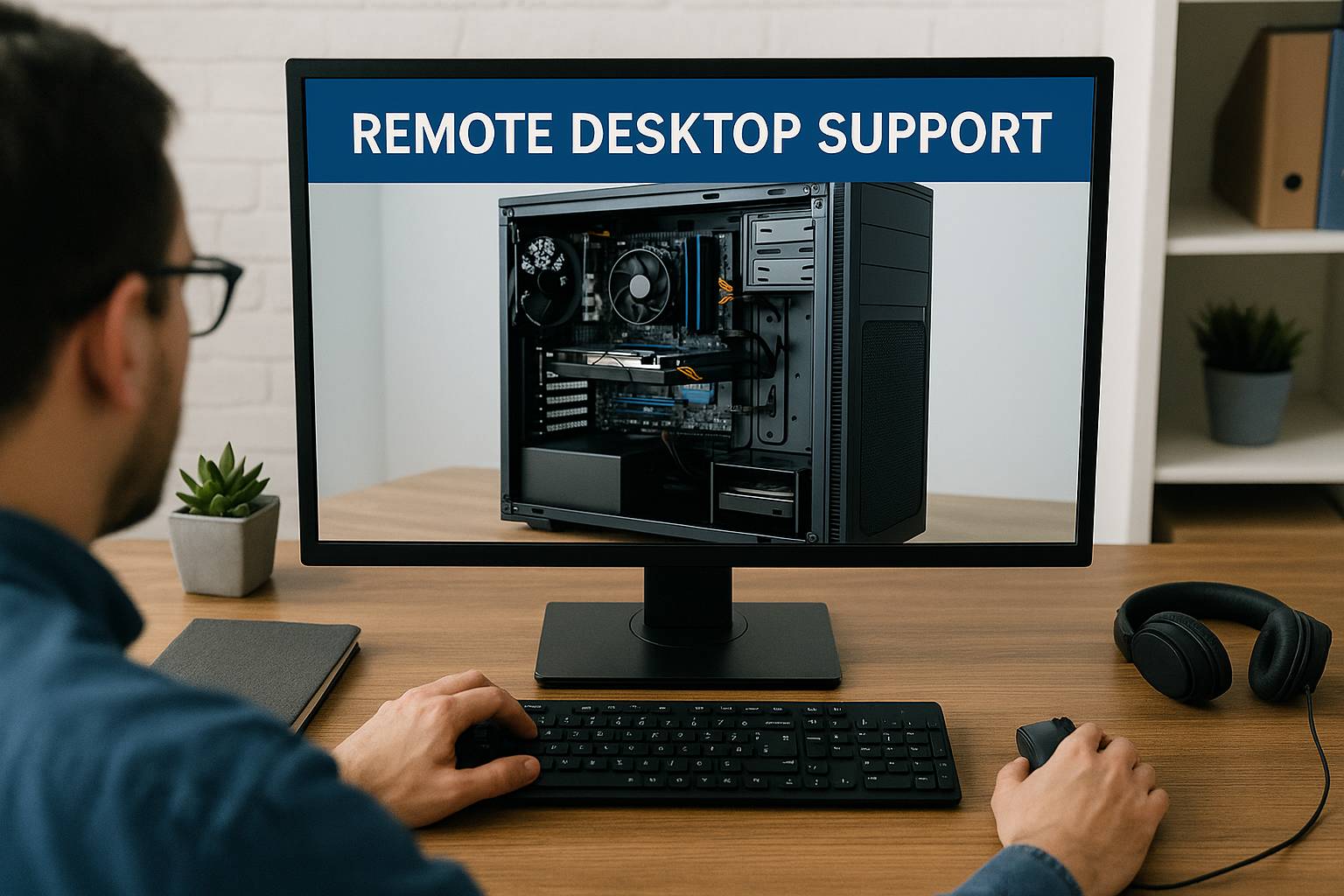Realistic stock photo of a remote desktop technician providing support, sitting at a desk with a large monitor showing a remote computer session.