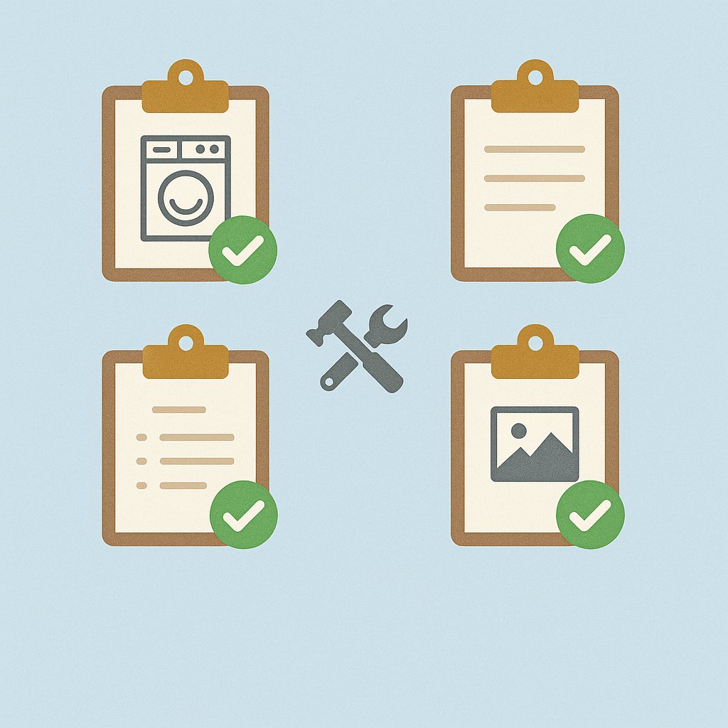 Illustration of four clipboards with checkmarks showing washer details, documents, notes, and photos, symbolizing what to prepare before booking a repair
