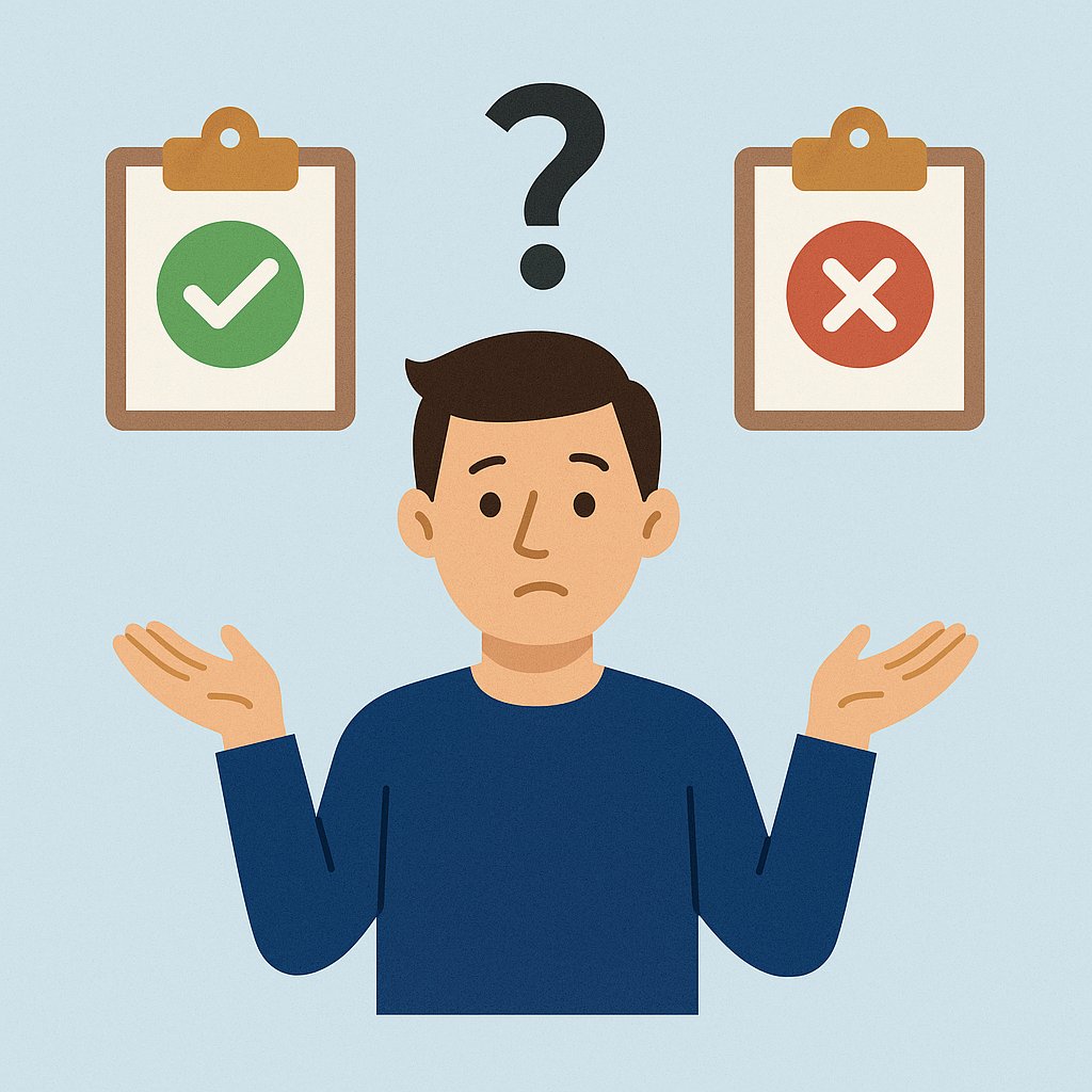 Flat-style illustration of a person standing with arms raised, a question mark overhead, and two clipboards—one with a green checkmark and the other with a red cross—symbolizing decision making